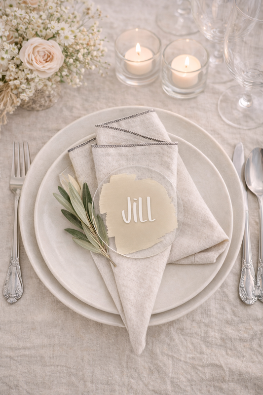 Personalisierte Namenskärtchen aus Acryl in rund | Platzkarten mit Namen | Hochzeit, Geburtstag, Weihnachten | Acryl Kärtchen mit Farbwahl