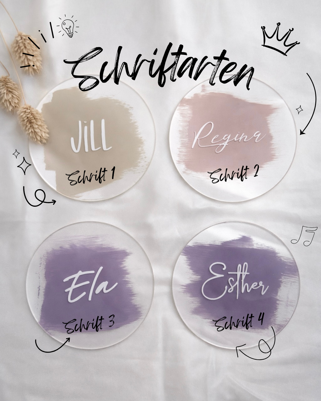 Personalisierte Namenskärtchen aus Acryl in rund | Platzkarten mit Namen | Hochzeit, Geburtstag, Weihnachten | Acryl Kärtchen mit Farbwahl